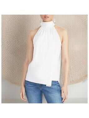 RACHEL Rachel Roy NWOT Deena High-Neck Faux-Wrap Satin Top in White-Size Large